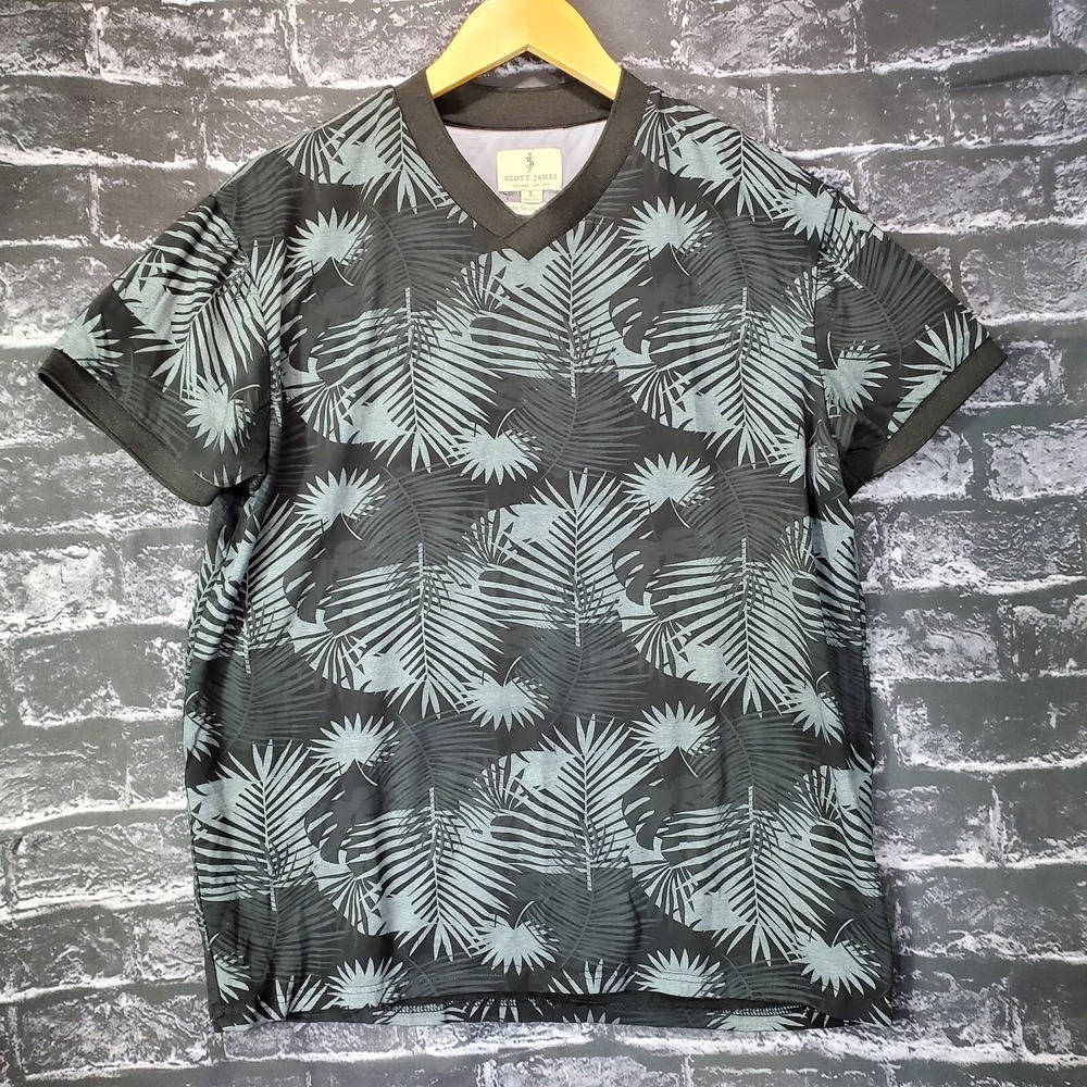 Scott James V Neck T Shirt Mens Large Black Palm Leaf Print Stretch‎ Casual